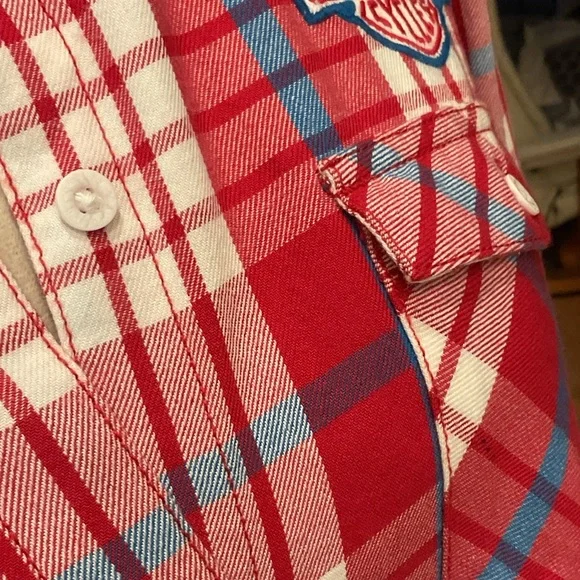 Harley-Davidson Vintage Red, White and Blue Plaid Button-Front Shirt - Picture 8 of 14